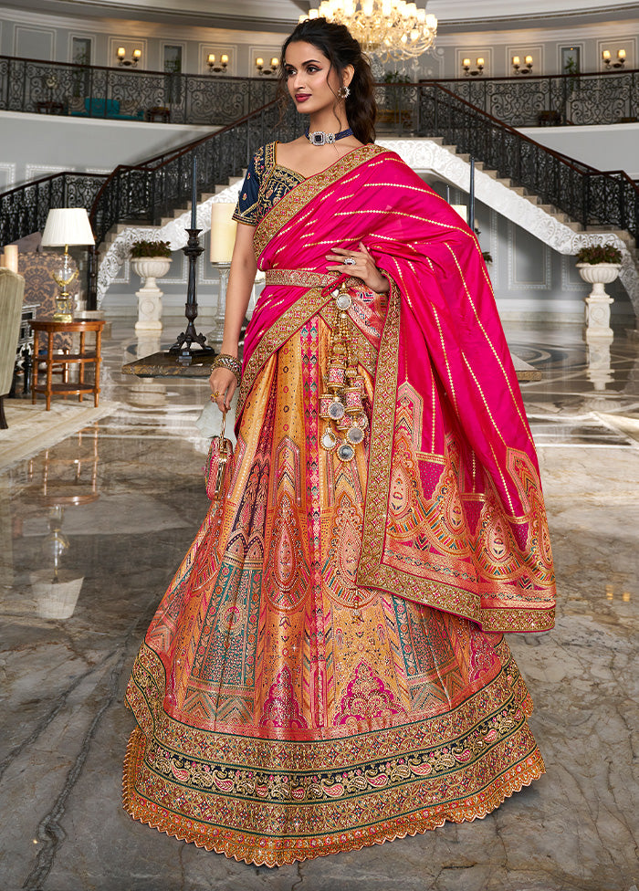 3 Pc Multicolor Silk Semi Stitched Lehenga Set