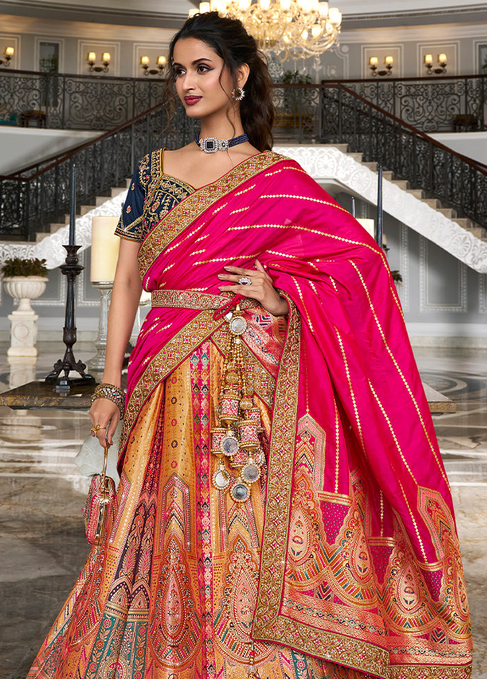 3 Pc Multicolor Silk Semi Stitched Lehenga Set