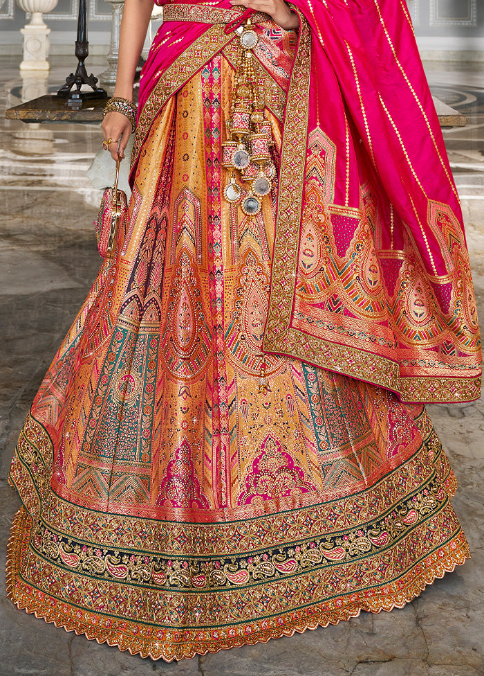 3 Pc Multicolor Silk Semi Stitched Lehenga Set