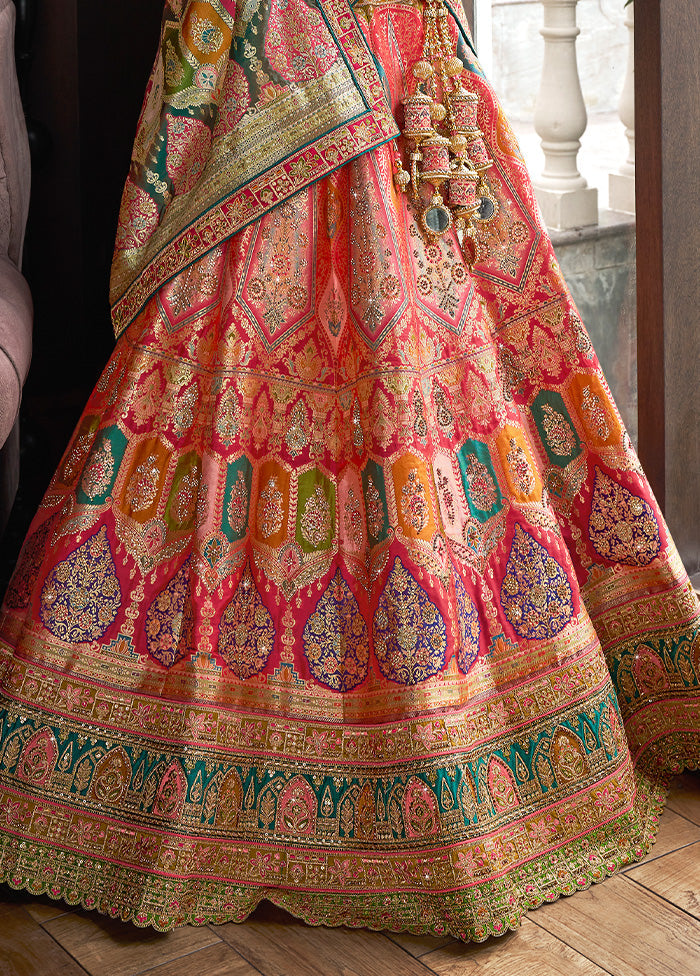 3 Pc Multicolor Silk Semi Stitched Lehenga Set