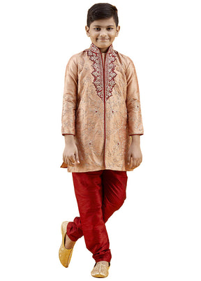 2 Pc Peach Dupion Silk Kurta Pajama Set - Indian Silk House Agencies