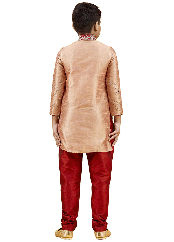 2 Pc Peach Dupion Silk Kurta Pajama Set - Indian Silk House Agencies