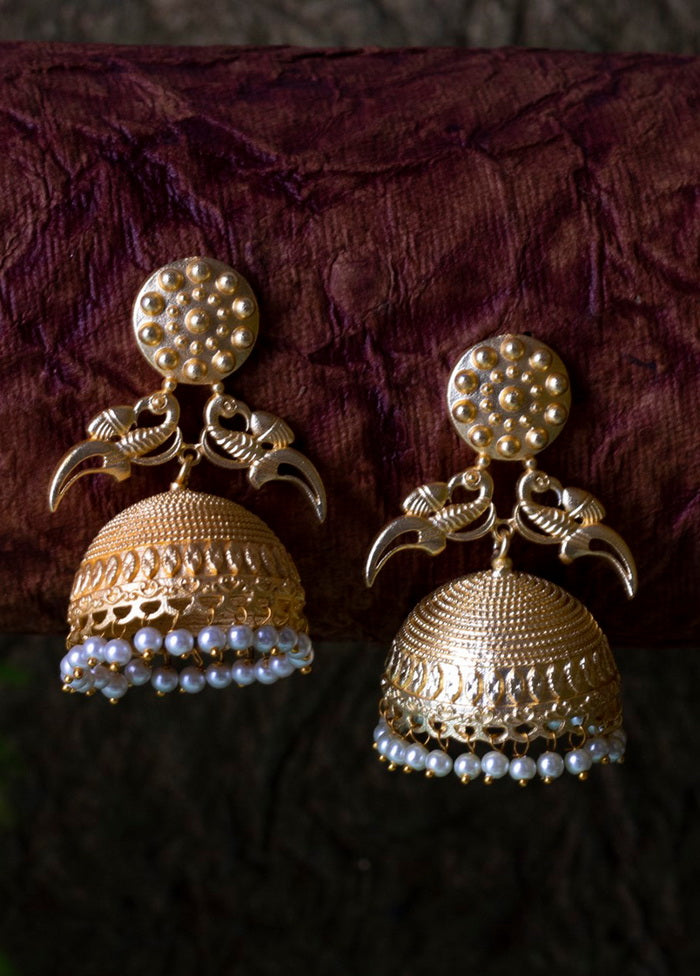 Matt Gold Finish Brass Pearl Bead Drop Jhumka Earring - Indian Silk House Agencies