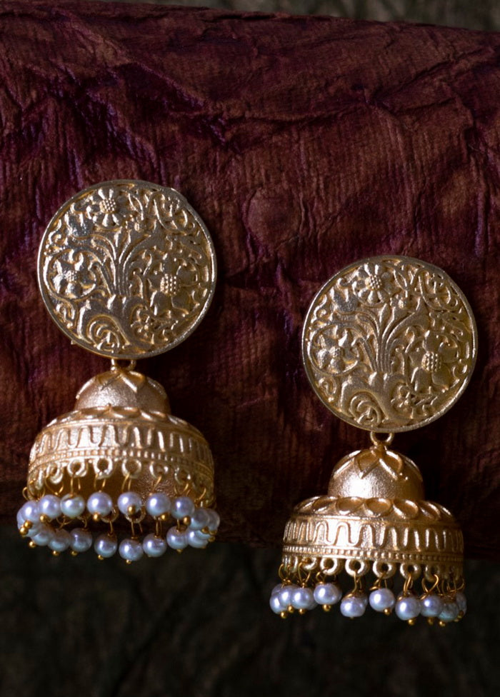 Matt Gold Finish Brass Pearl Bead Drop Jhumka Earring - Indian Silk House Agencies