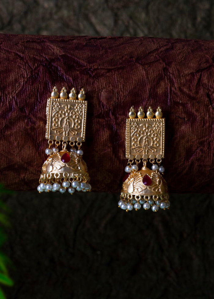 Matt Gold Finish Brass Pearl Bead Drop Jhumka Earring - Indian Silk House Agencies