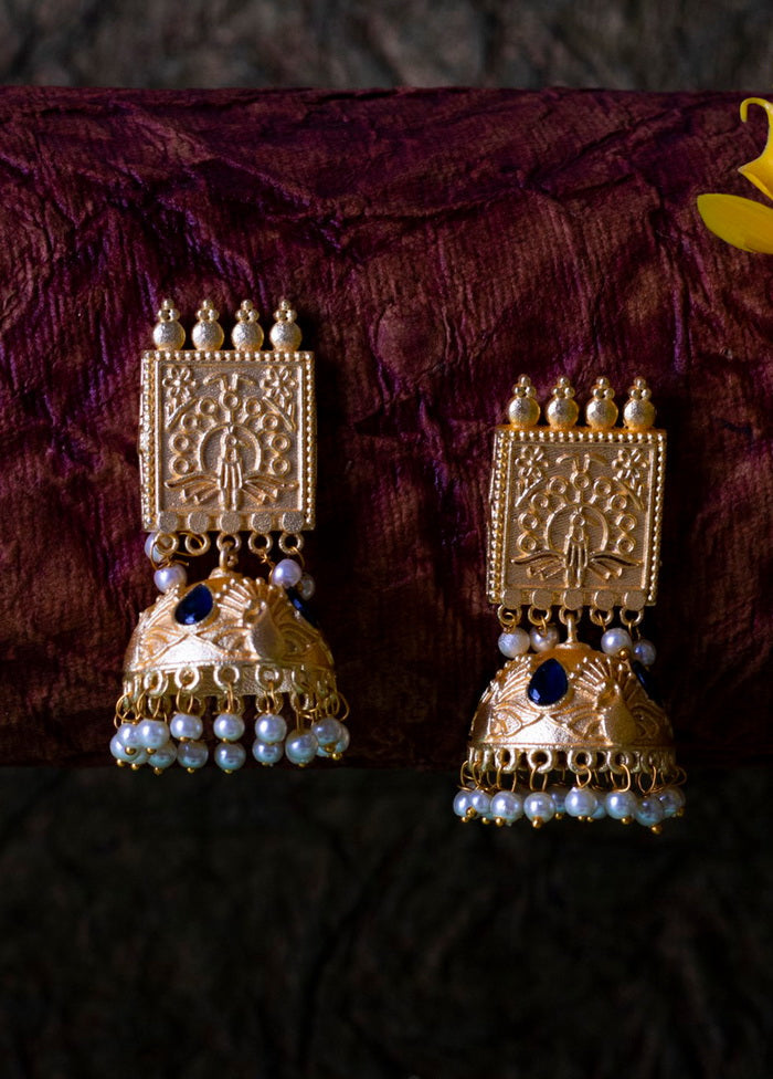 Matt Gold Finish Brass Pearl Bead Drop Jhumka Earring - Indian Silk House Agencies