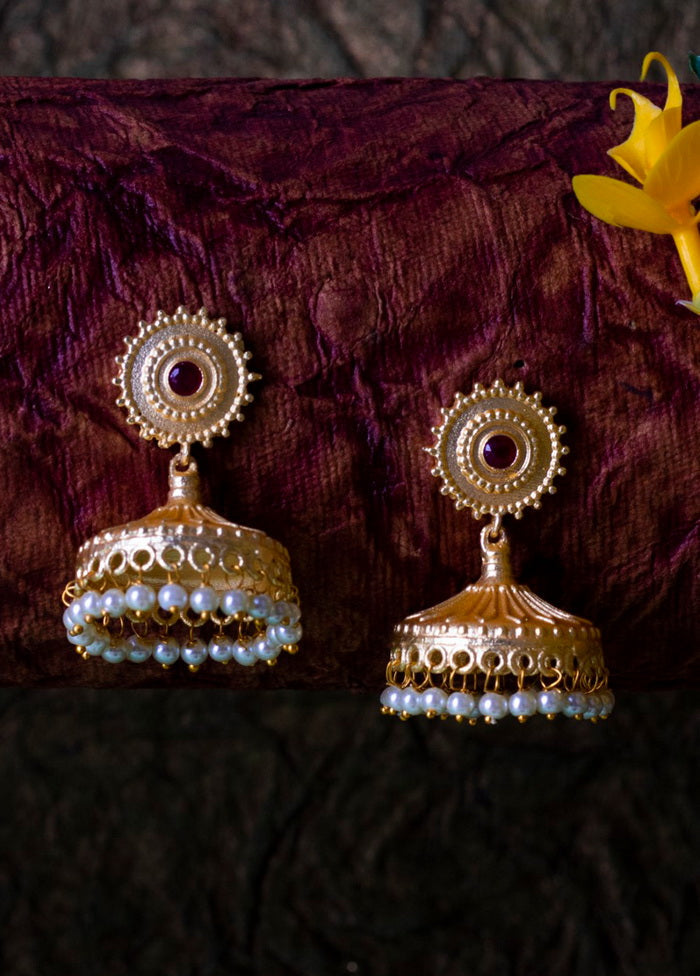 Matt Gold Finish Brass Pearl Bead Drop Jhumka Earring - Indian Silk House Agencies