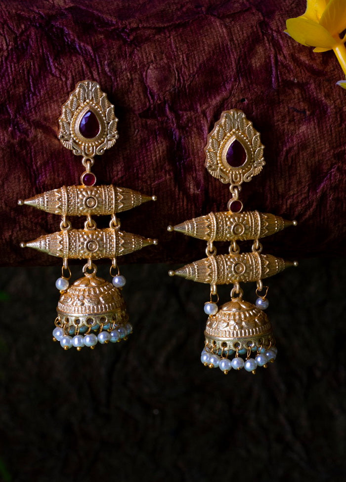 Matt Gold Finish Brass Pearl Bead Drop Jhumka Earring - Indian Silk House Agencies