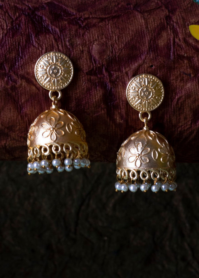 Matt Gold Finish Brass Pearl Bead Drop Jhumka Earring - Indian Silk House Agencies