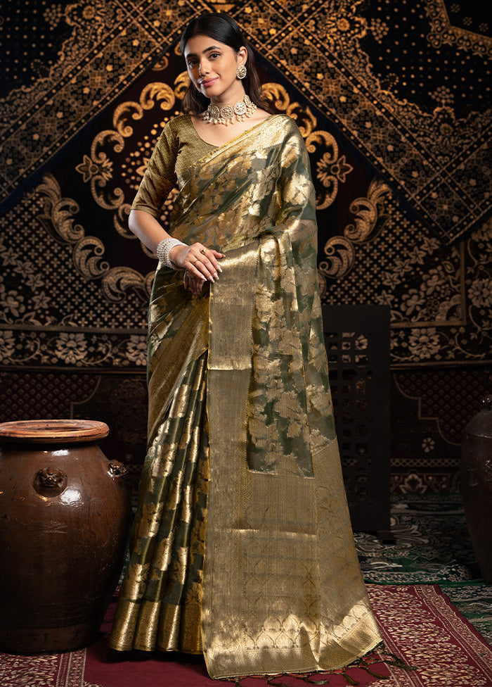 Grey Banarasi Silk Saree With Blouse Piece