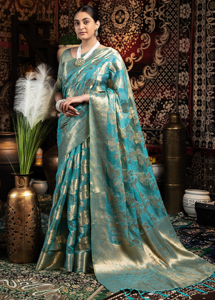 Light Blue Banarasi Silk Saree With Blouse Piece