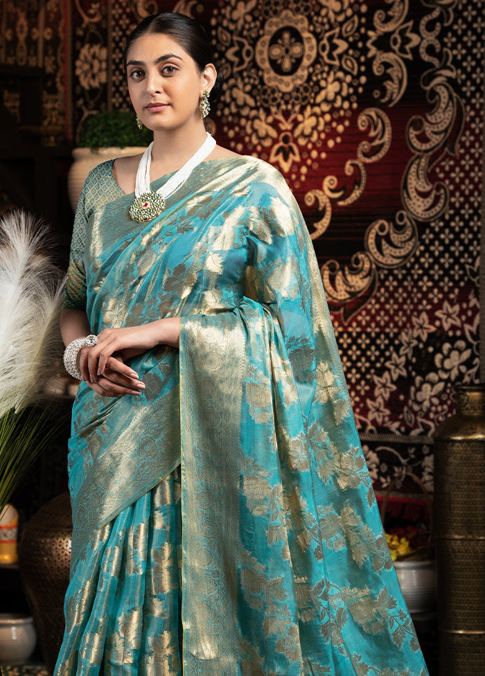 Light Blue Banarasi Silk Saree With Blouse Piece