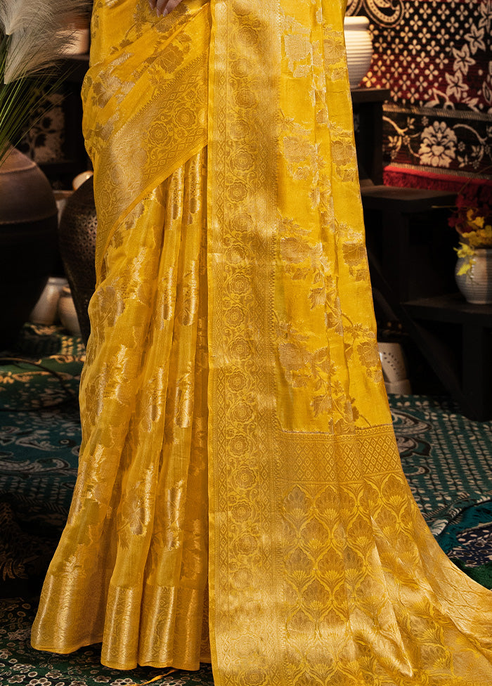 Yellow Banarasi Silk Saree With Blouse Piece