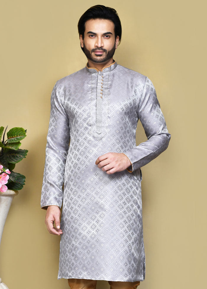 2 Pc Grey Silk Kurta Pajama Set