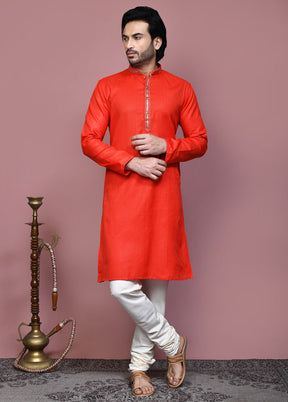 2 Pc Orange Cotton Kurta Pajama Set