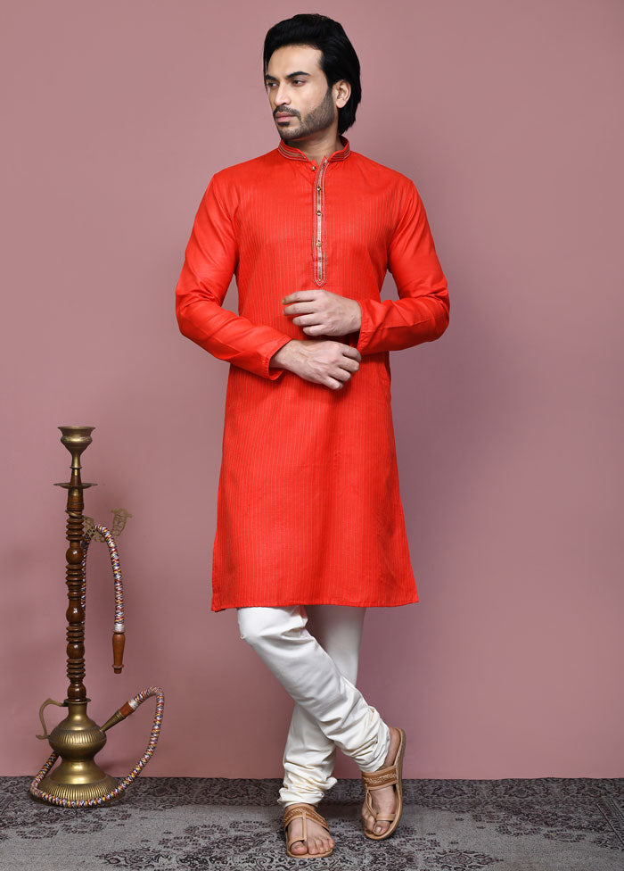 2 Pc Orange Cotton Kurta Pajama Set