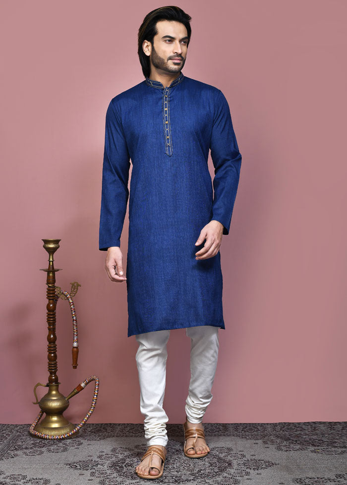 2 Pc Royal Blue Cotton Kurta Pajama Set