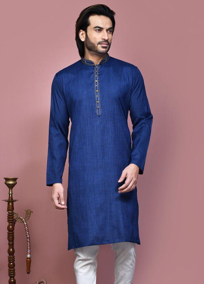 2 Pc Royal Blue Cotton Kurta Pajama Set