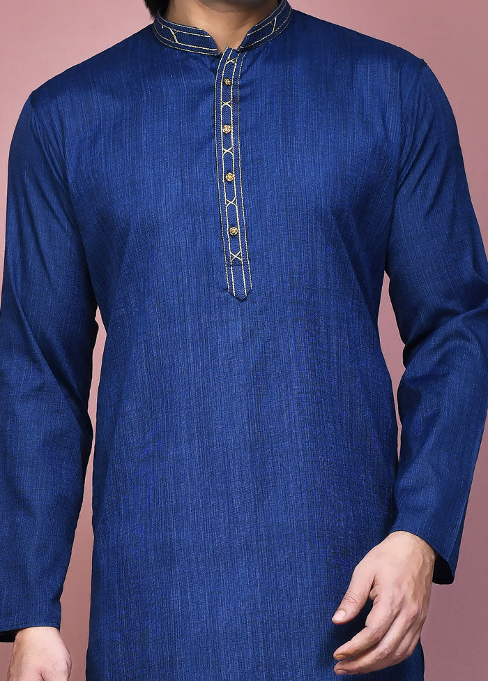 2 Pc Royal Blue Cotton Kurta Pajama Set