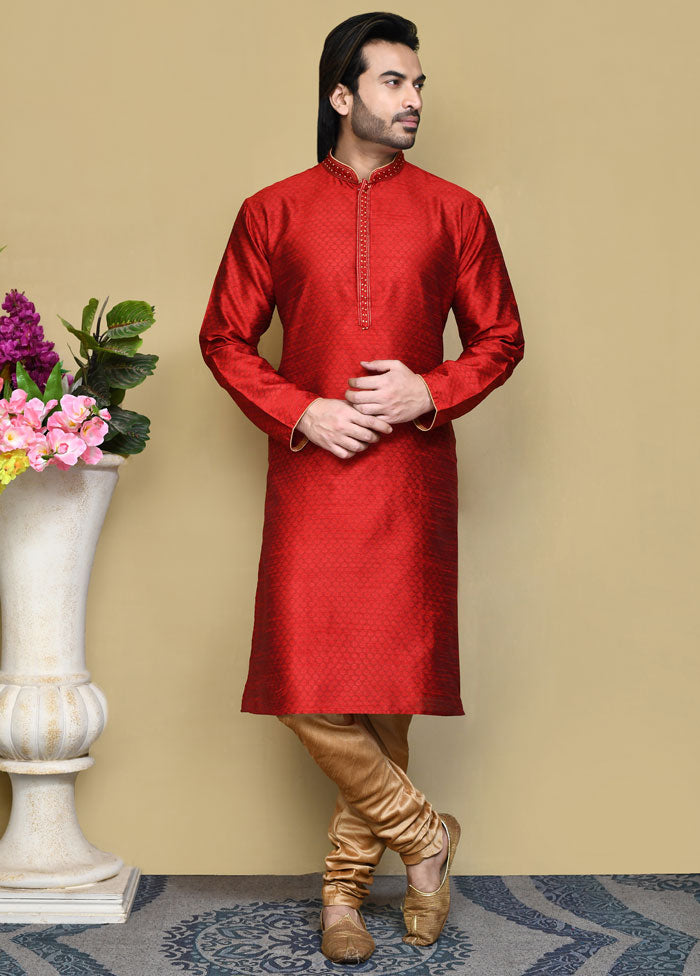 2 Pc Red Silk Kurta Pajama Set