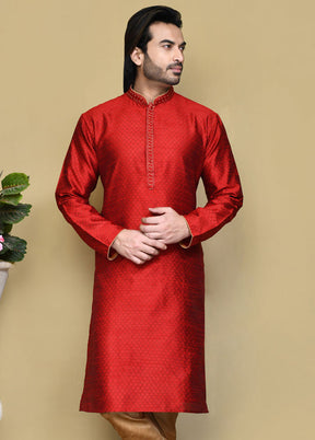 2 Pc Red Silk Kurta Pajama Set