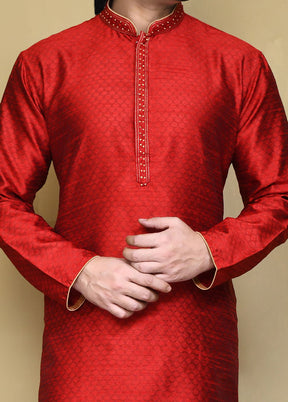 2 Pc Red Silk Kurta Pajama Set