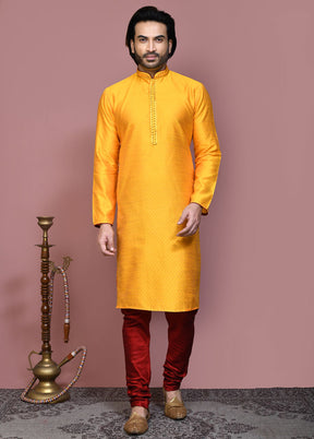 2 Pc Yellow Silk Kurta Pajama Set