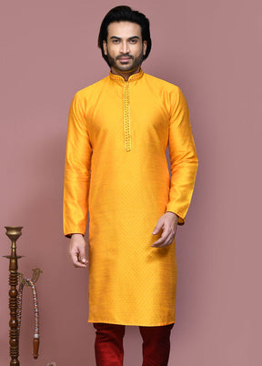 2 Pc Yellow Silk Kurta Pajama Set