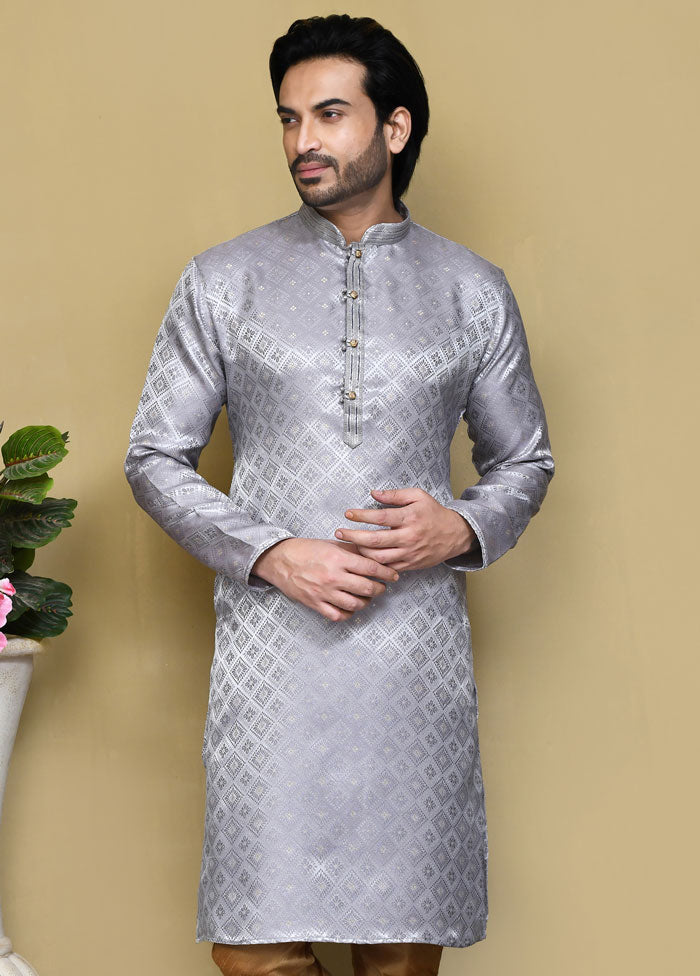 2 Pc Grey Silk Kurta Pajama Set