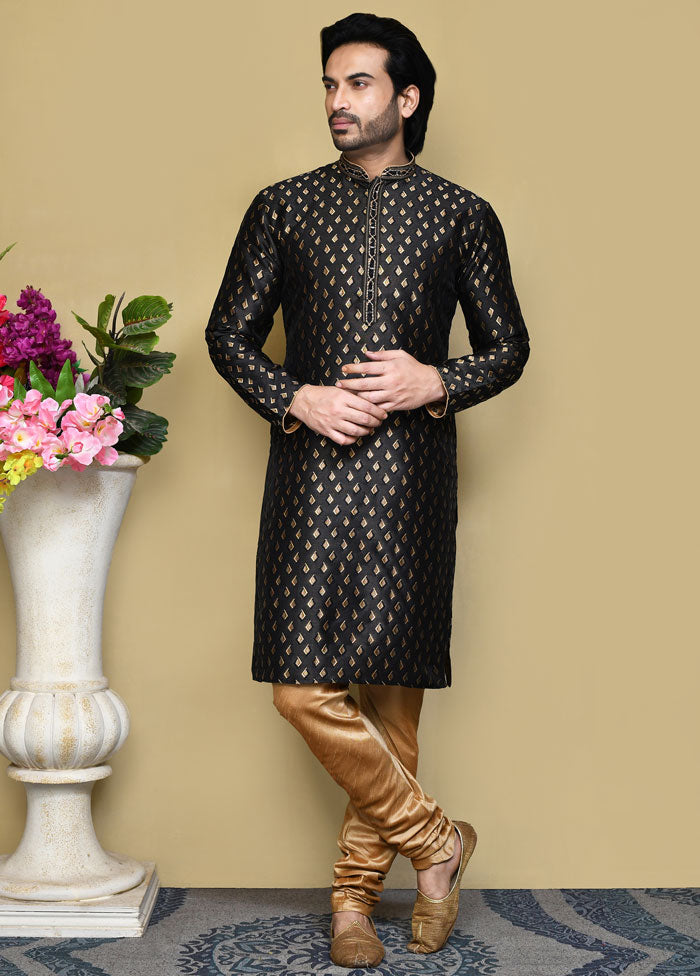 2 Pc Black Silk Kurta Pajama Set