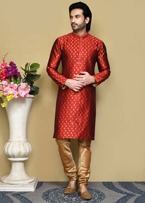 2 Pc Red Silk Kurta Pajama Set