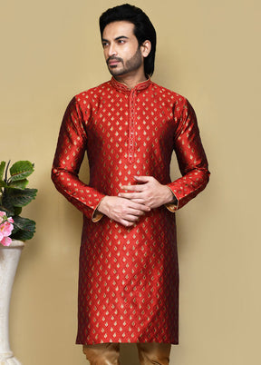 2 Pc Red Silk Kurta Pajama Set