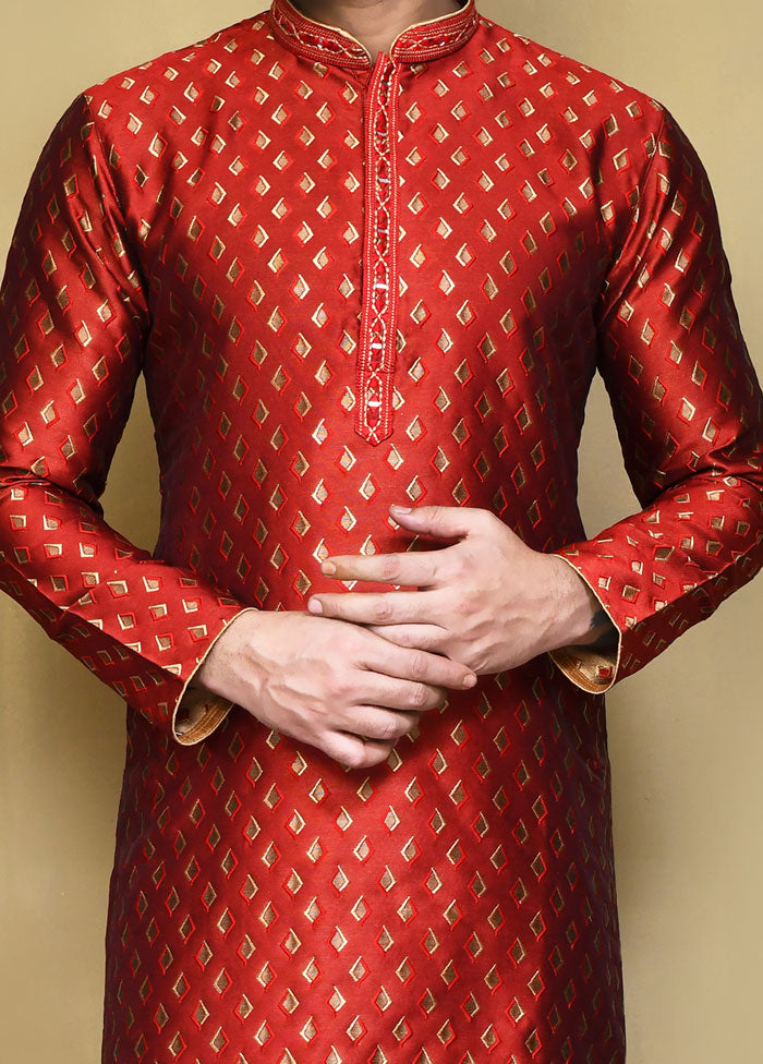 2 Pc Red Silk Kurta Pajama Set