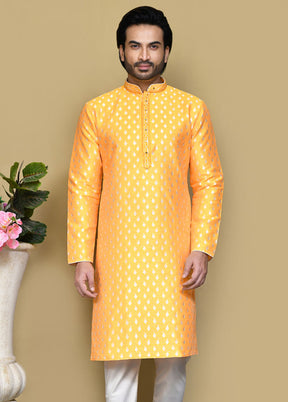 2 Pc Yellow Silk Kurta Pajama Set