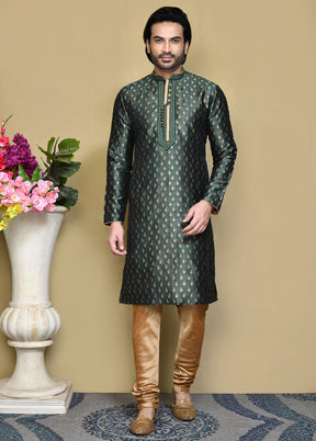 2 Pc Green Silk Kurta Pajama Set