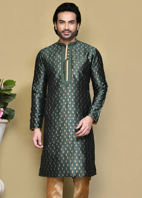 2 Pc Green Silk Kurta Pajama Set