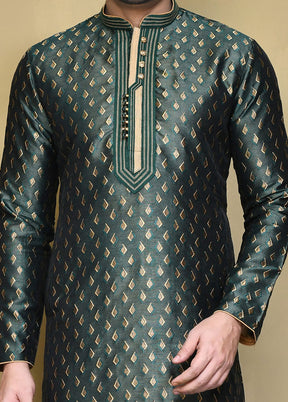 2 Pc Green Silk Kurta Pajama Set