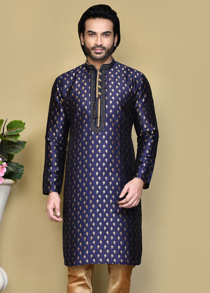 2 Pc Royal Blue Silk Kurta Pajama Set