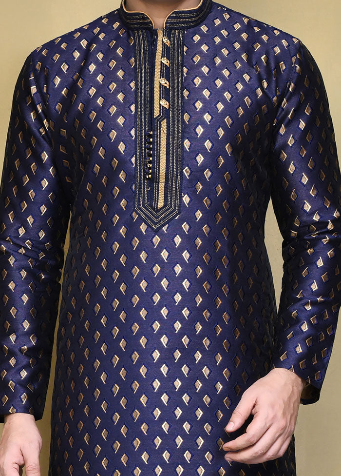 2 Pc Royal Blue Silk Kurta Pajama Set