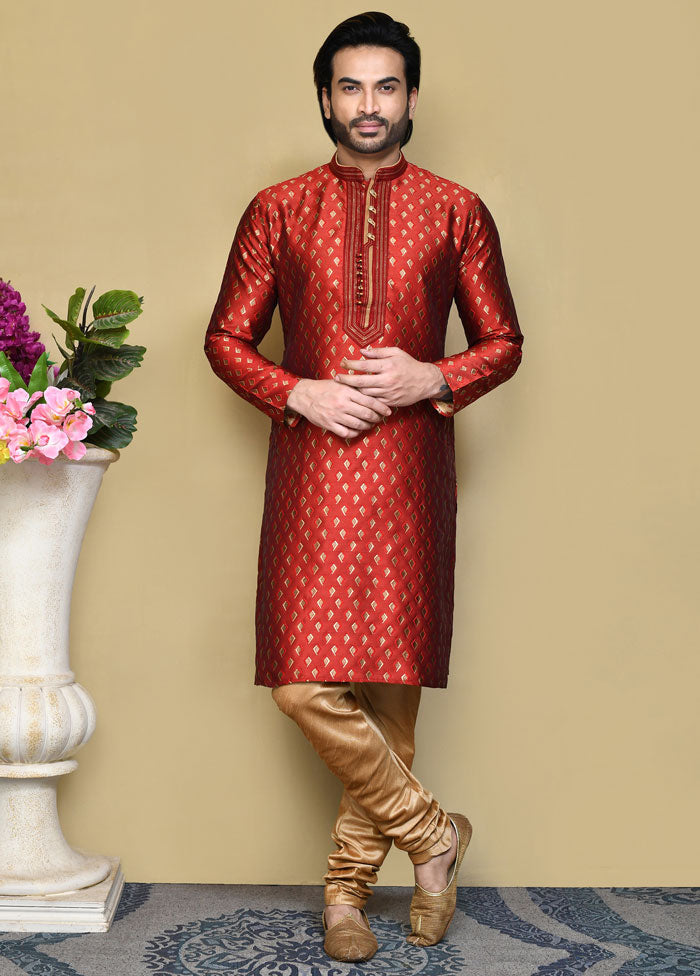 2 Pc Red Silk Kurta Pajama Set