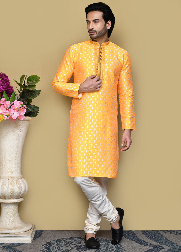 2 Pc Yellow Silk Kurta Pajama Set