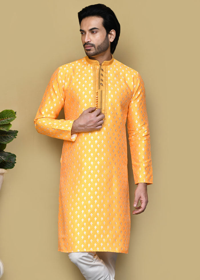 2 Pc Yellow Silk Kurta Pajama Set