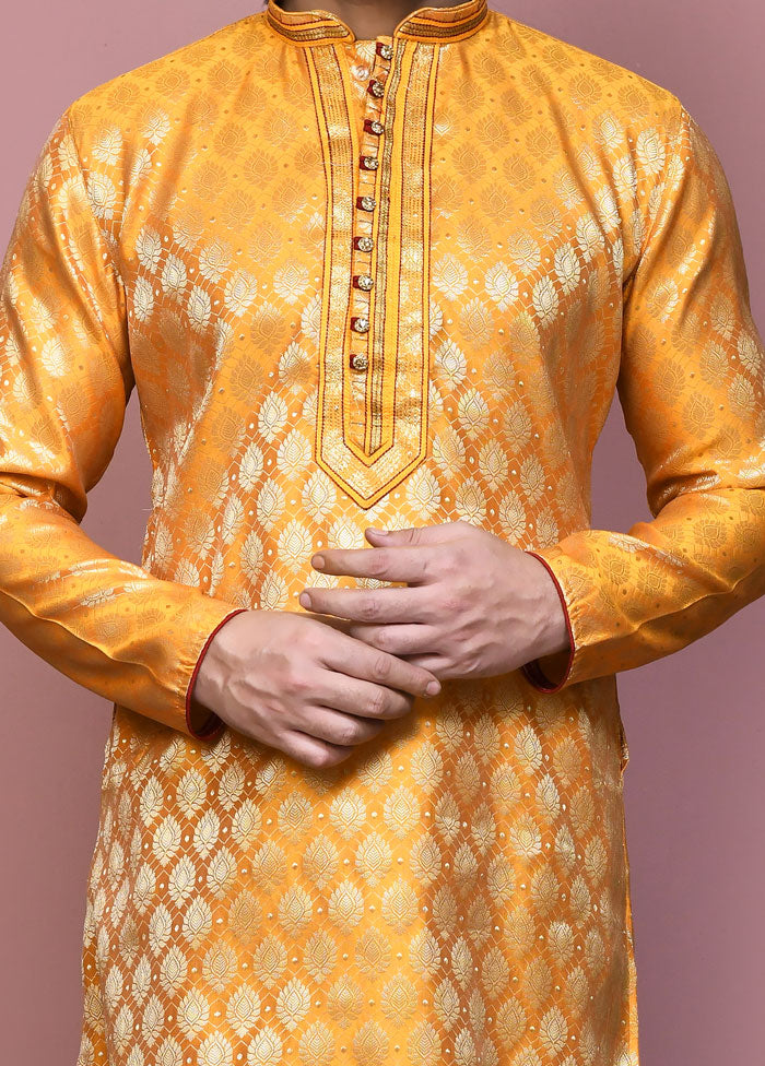 2 Pc Yellow Silk Kurta Pajama Set