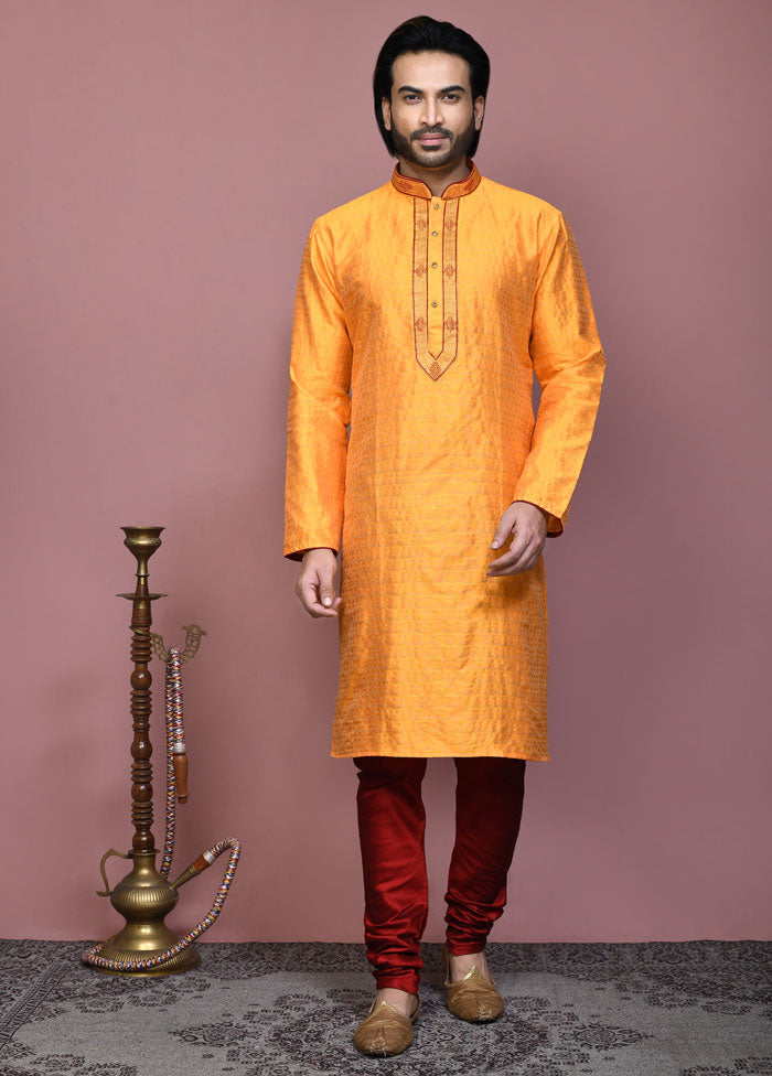 2 Pc Orange Silk Kurta Pajama Set