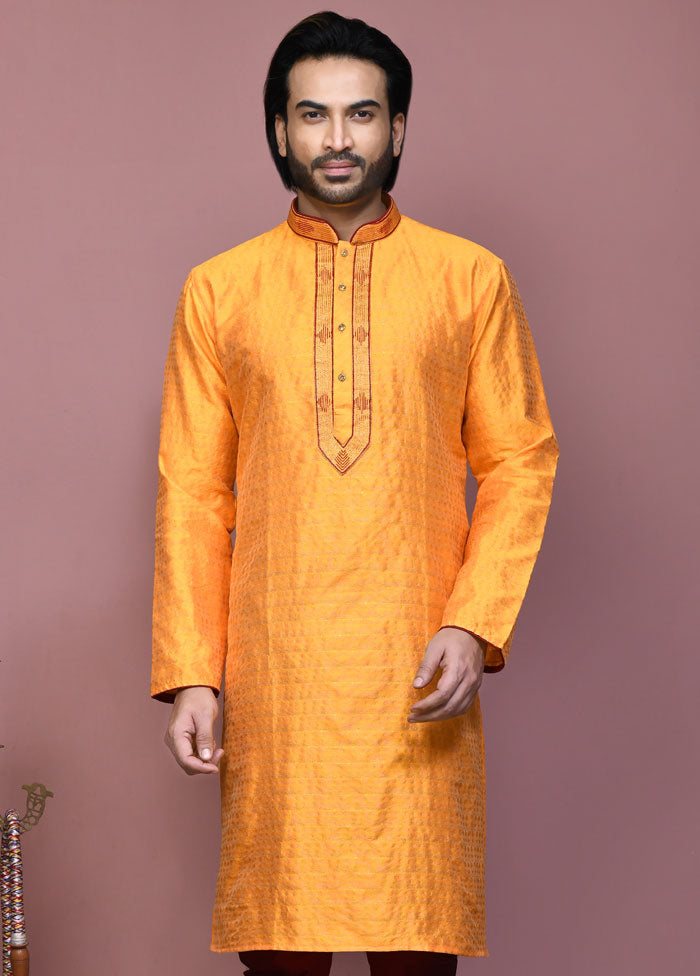 2 Pc Orange Silk Kurta Pajama Set