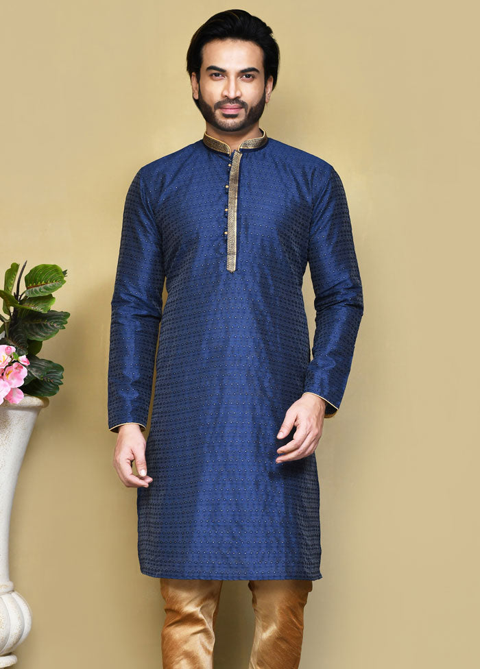 2 Pc Royal Blue Silk Kurta Pajama Set