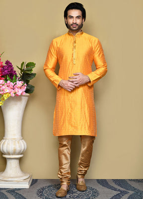 2 Pc Yellow Silk Kurta Pajama Set