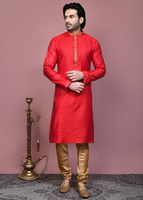 2 Pc Red Cotton Kurta Pajama Set