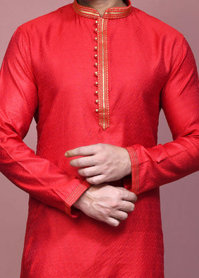 2 Pc Red Cotton Kurta Pajama Set