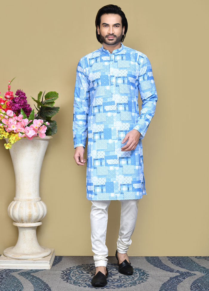 2 Pc Sky Blue Cotton Kurta Pajama Set